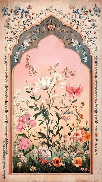 Fototapeta Mughal Garden illustration,Mughal Garden elements collection,Mughal Garden wedding invitation,Mughal Garden frame