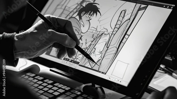 Fototapeta Digital Artist Creating Comic on Drawing Tablet with Stylus in Black and White