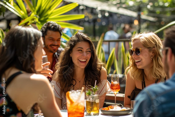 Fototapeta Group of friends enjoying a sunny brunch outdoors with laughter and refreshing drinks