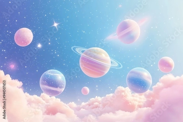 Obraz Dreamy Pastel Planets and Stars in a Sky of Soft Blue and Pink Clouds.