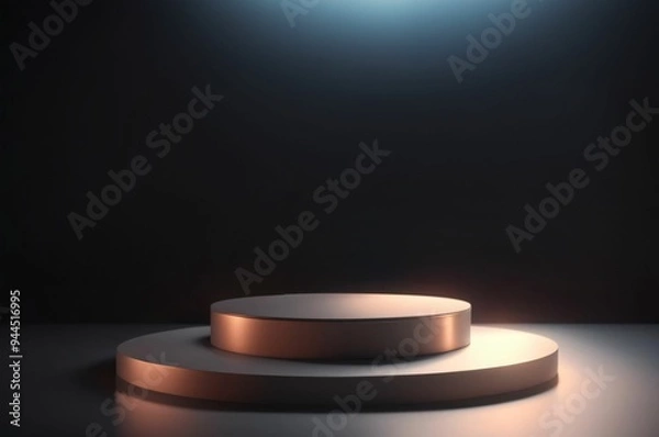 Fototapeta Empty round black and gold platform podium on black background. Minimal creative composition background for cosmetics or products presentation. Cylinder podium on black background. Mock up