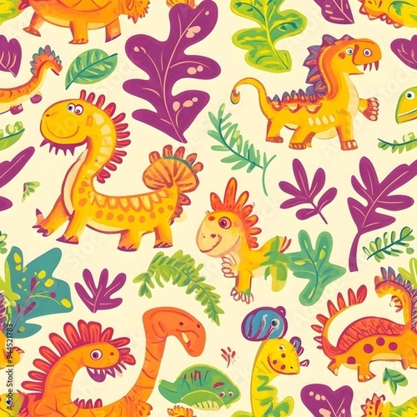 Fototapeta 93. **Generate a seamless pattern of playful, cartoonish dinosaurs in bright, cheerful colors.**