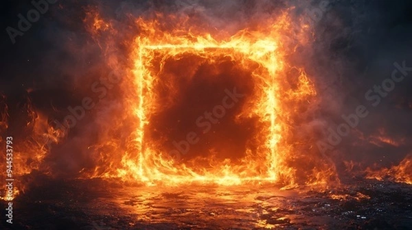 Fototapeta A bright, fiery frame of orange flames forms a glowing square against a dark, textured background. The intense fire contrasts the dark tiles, creating a dramatic, high-energy visual. 