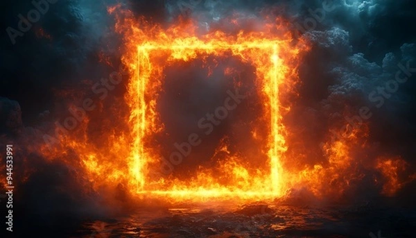 Fototapeta A bright, fiery frame of orange flames forms a glowing square against a dark, textured background. The intense fire contrasts the dark tiles, creating a dramatic, high-energy visual. 