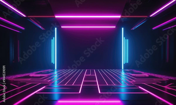 Obraz A futuristic room with a shiny floor illuminated by vibrant pink and blue neon lights