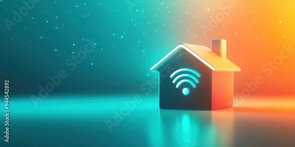 Obraz Smart Home Concept: A Modern House Icon with a Glowing Wi-Fi Symbol in a Futuristic Neon Setting.