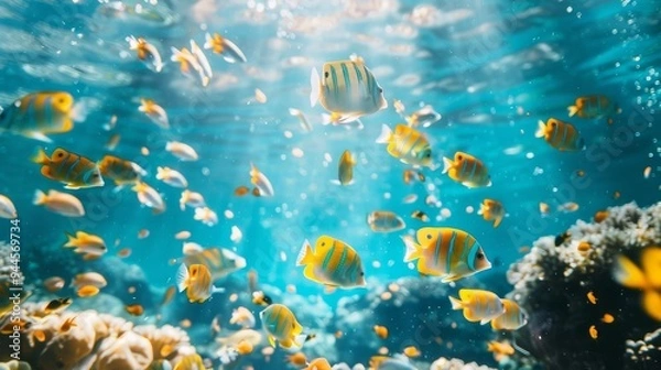 Fototapeta Vibrant Underwater Scene with Colorful Tropical Fish Swimming Around Coral Reef in Pristine Ocean