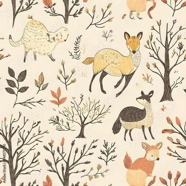 Fototapeta 113. **Design a seamless pattern featuring whimsical, hand-drawn wildlife in a natural, earthy tone.**