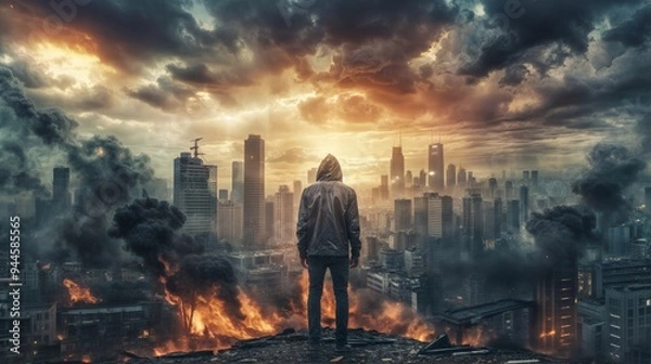 Obraz A lone man in a hooded jacket overlooks a city engulfed in flames and smoke, with a dramatic apocalyptic sky above..