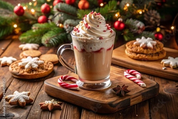 Fototapeta  Peppermint Mocha Chiller Whipped Cream Extra Shot placed on a distressed wooden platter