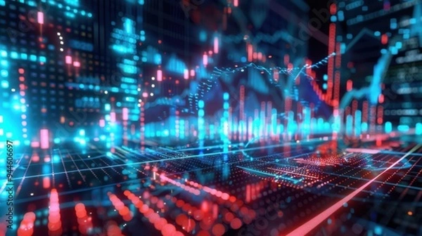 Fototapeta Abstract Data Visualization with Blue and Red Lines, Abstract Digital Technology Background