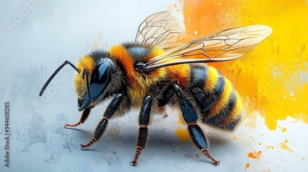 Fototapeta A close-up of a bee with a fuzzy body and transparent wings, against a yellow, watercolor-like background.