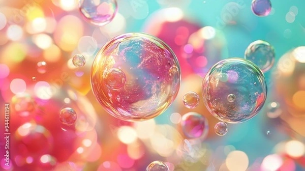Fototapeta Abstract bubbles, transparent, colorful, floating, playful, dreamy,