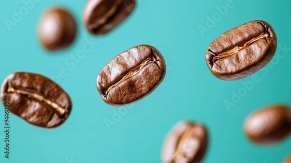 Fototapeta Floating coffee beans against blue