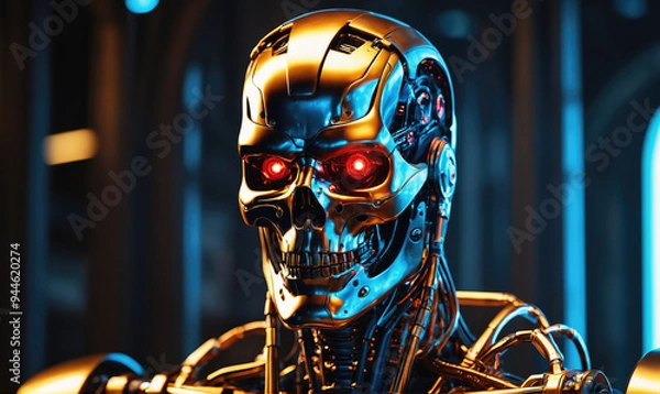Fototapeta A close-up of a robotic skull with red eyes, set against a blue and black background