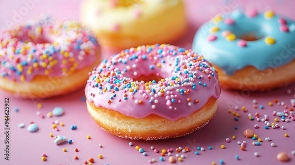 Fototapeta Whimsical and colorful pop art donut, vibrant frosting, playful decorations, dynamic composition::1.2 sprinkles, chocolate glaze, sweet indulgence, delicious treat, bakery delight