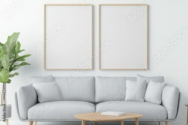 Fototapeta An empty frame mockup showcased in an elegant Nordic living room with soft cinematic lighting illuminating the minimalist design and cozy atmosphere.