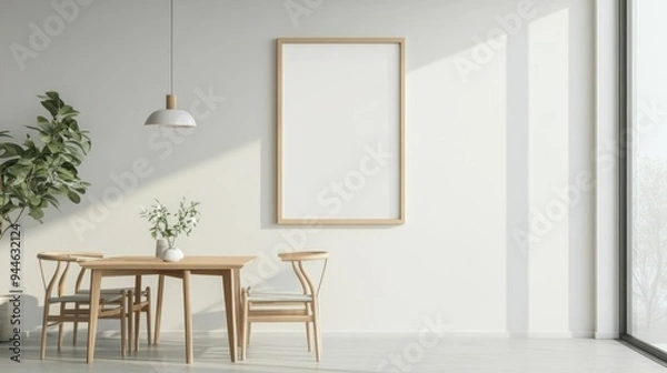Fototapeta Blank landscape frame mockup centered in a modern dining room, surrounded by greenery and a simple table setting, ideal for interior design presentations.