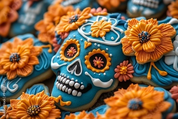 Fototapeta flat lay photography A bunch of sugar skull shaped cookies decorated with flowers, sugar skulls decorated for the Day of the Dead, sugar cookie dia de los muertos theme backdrop
