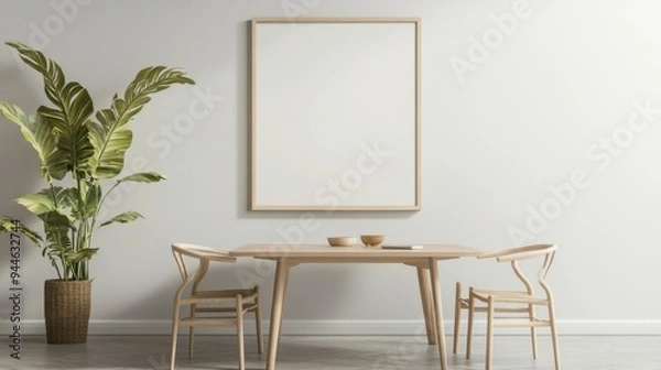 Fototapeta Blank landscape frame mockup centered in a modern dining room, surrounded by greenery and a simple table setting, ideal for interior design presentations.