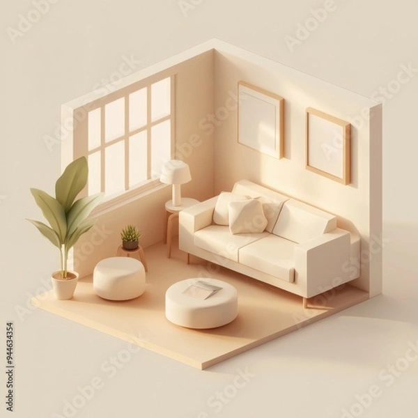 Fototapeta isometric diorama showcases a cozy living room designed in soft beige tones, complete with comfortable seating and lush indoor plants, creating a warm and inviting atmosphere