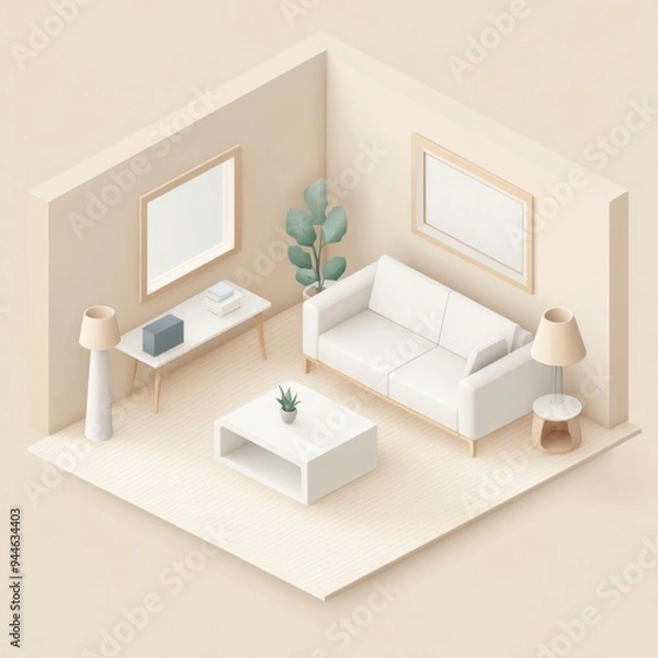 Obraz isometric diorama showcases a cozy living room designed in soft beige tones, complete with comfortable seating and lush indoor plants, creating a warm and inviting atmosphere