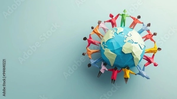 Obraz Paper people in different outfits hold hands around a globe on a blue surface, symbolizing global unity and diversity. The concept of the day "Zero discrimination"