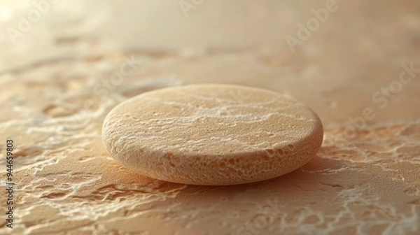 Fototapeta Dissolvable tablet disc close-up. A macro image of a single disc showing its texture and thinness. The background is simple and neutral in color.