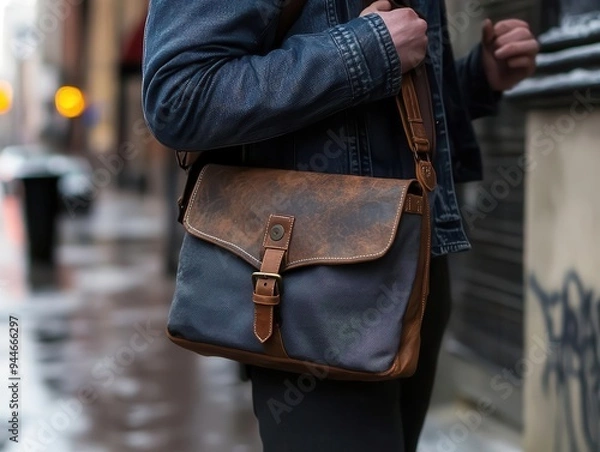 Fototapeta Messenger bag slung over a shoulder, in an urban setting, ready for work, Professional, Bright, Detailed