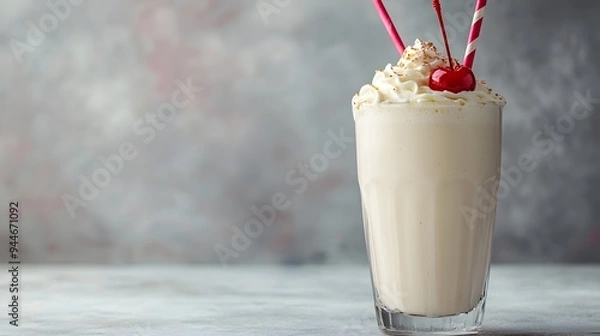 Fototapeta Delicious creamy vanilla milkshake with a juicy cherry on top served in a tall glass with a straw  Flat lay shot with clean background and copyspace for text or design overlay