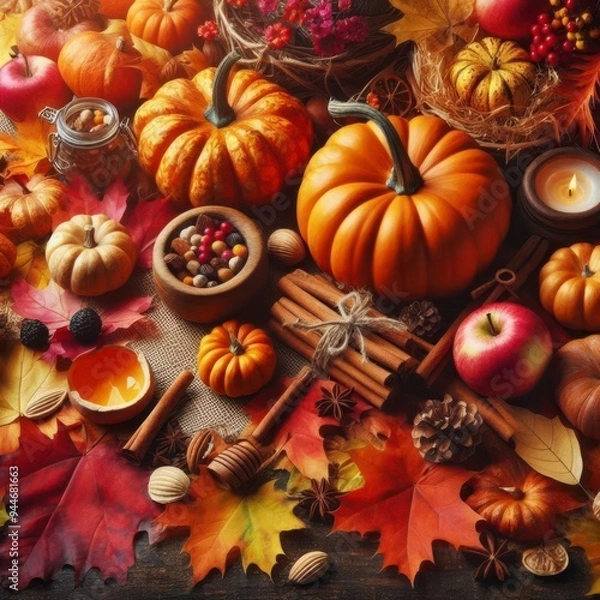 Obraz A bunch of pumpkins, colorful dried leaves and fall decorations. Autumn holiday background. 