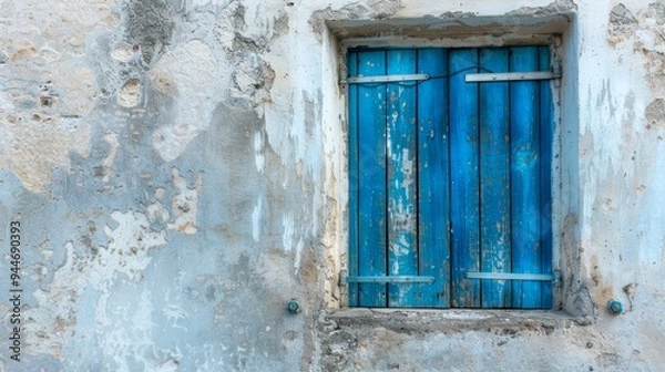 Fototapeta An aged blue wooden window with shutters is embedded in a white, weathered plaster wall, displaying vintage charm.
