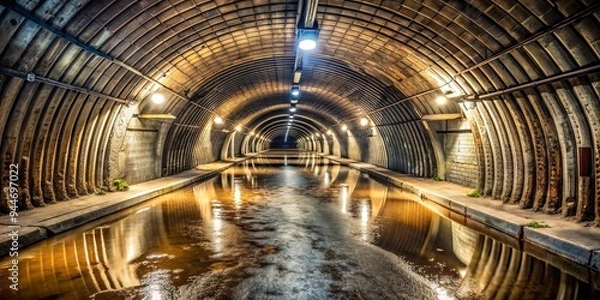 Fototapeta Neglected underground passage with wet ground and curved structure, Abandoned, underground, passage, neglected, damp