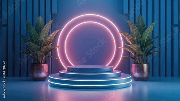 Fototapeta Futuristic 3D Blue Podium with Pink Neon Circle for Product Displays and Mockup Presentations
