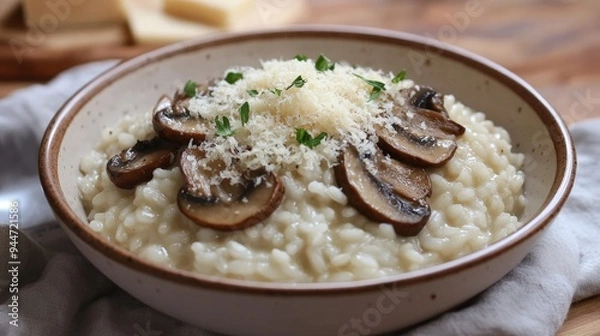 Fototapeta bowl of creamy risotto with tender mushrooms and Parmesan cheese.