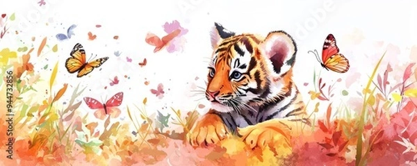 Fototapeta A colorful watercolor illustration of a playful tiger cub surrounded by vibrant butterflies and blooming flowers.