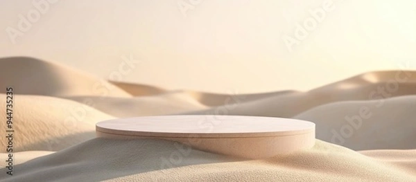 Fototapeta 3D abstract podium set on sand dunes Realistic pastel mockup for product display Modern minimalist background featuring an empty platform 3D rendering