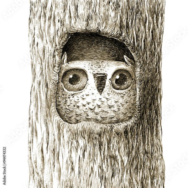 Obraz Сute Baby Owl Sitting in the Tree Hollow