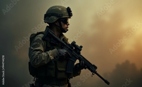 Fototapeta A soldier is standing in the woods with a rifle