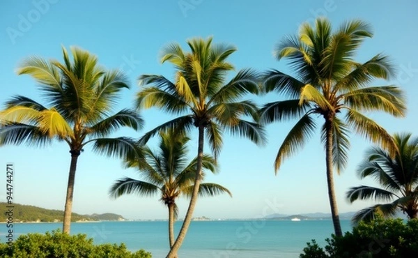 Fototapeta Three palm trees are standing on a beach next to the ocean