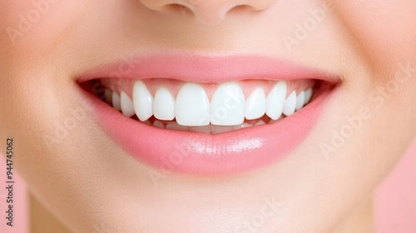Fototapeta A close-up of a woman's smile with perfect white teeth, symbolizing beauty and confidence.