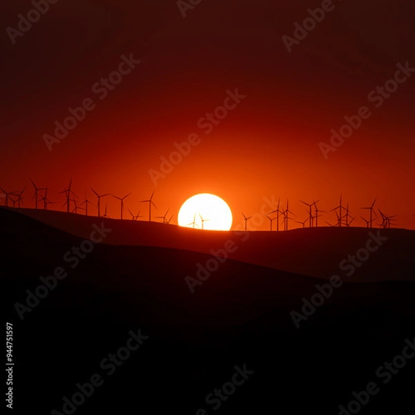 Fototapeta Sunset behind windmill farm.