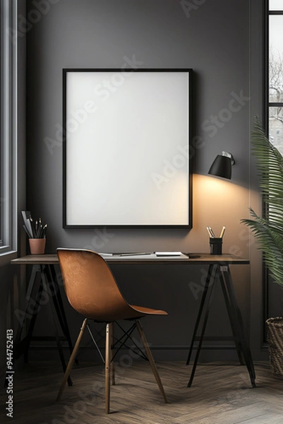 Fototapeta Modern minimalist home office with a blank poster on the wall, wooden desk, and chair illuminated by a lamp.