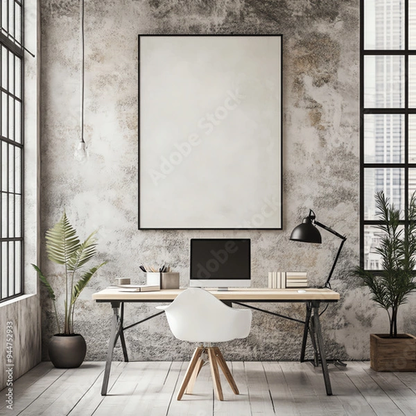 Fototapeta Modern minimalist workspace with a computer, white chair, plants, and framed artwork in an industrial-style room with large windows.