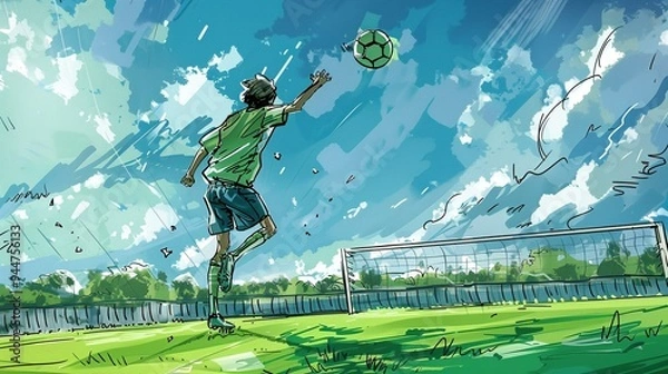 Fototapeta Storyboard-style sketch, with a classic and relaxed style of a soccer player performing headers in stadium field