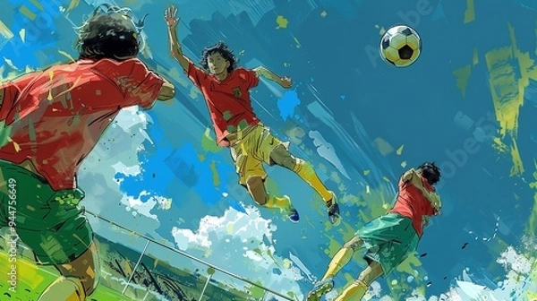 Fototapeta Storyboard-style sketch, with a classic and relaxed style of a soccer player performing headers in stadium field