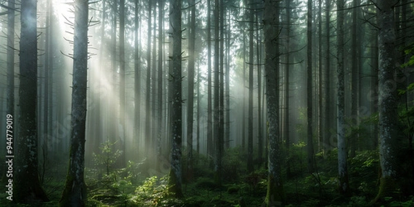 Fototapeta misty forest in the morning