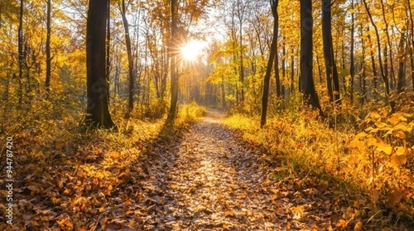 Fototapeta Sunlit Path Through Autumn Forest