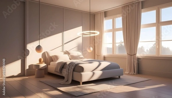 Fototapeta Elegant minimalist bedroom featuring a grey color scheme and minimalist decor.