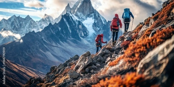 Fototapeta Three people on the move, climbing a rugged mountain trail, reaching for the summit